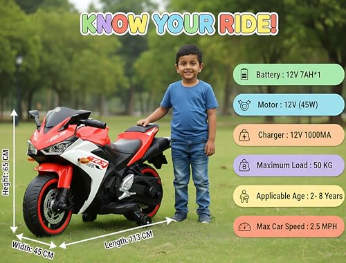 Image of Wishmaster Fully Assembled R3 Bike for Kids Toy with Rechargeable Battery Operated Electric Children Ride on [3 to 8 Years, Large Size] | Birthday Gift for Boys & Girls (Red)