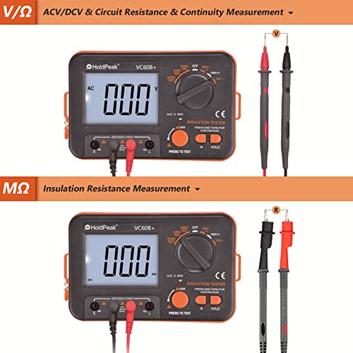 Image of Digital Insulation Resistance Tester 1999 Counts Megohmmeter AC DC Voltmeter 250 500 1000V 2G Ohm Insulation Resistance Backlit LCD Data Hold and High Voltage Indicator