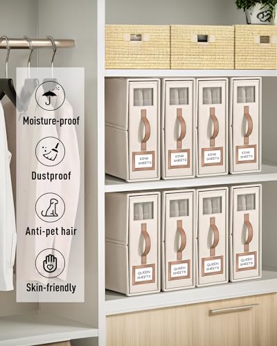 Bubooo3 Linen Bed Sheet Organiser Box, 3 Faltbarer bettwäsche aufbewahrungbox mit Transparentem Fenster & Etikett, bettkasten aufbewahrungstasche für Bettwasche, Decken & Kleidung, Linen Beige