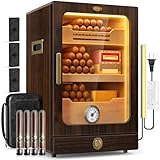 Cigar Humidor, Desktop Cigar Humidor Cabinet Light Control System with Spanish Cedar Wood Shelves, Hygrometer, 3 Humidifiers and Cigar Accessories Drawer, Father's Day Gift for Men (Walnut)