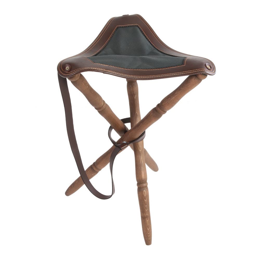 Silla de Caza trípode con Asiento en Piel de bovino y Sarga, Patas torneadas en Madera de Haya Altura 65cm
