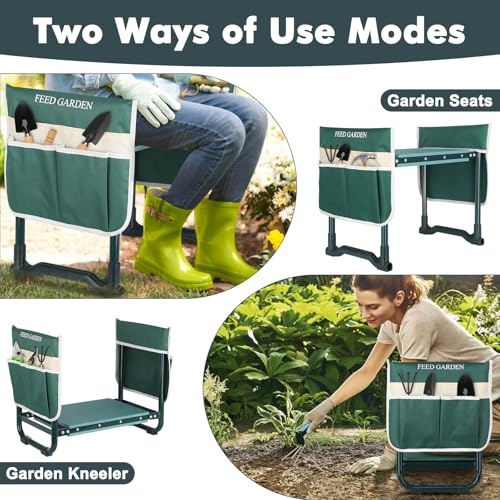 FEED GARDEN Garden Kneeler and Seat, Garden Stool with 10\" Wide Soft Kneeling Pad, Heavy Duty Gardening Bench Chair with 2 Tool Pouches, Gardening Gifts for Women Seniors Women Mom Men, Green