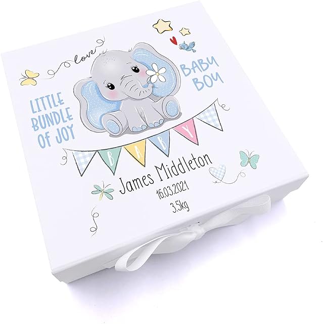 ukgiftstoreonline Personalised Baby Boy Gift Keepsake Memory Box Elephant Design (Large)