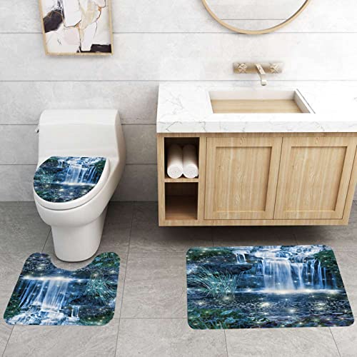 3-teilig Badematten Set, 3D Digitaldruck Herbst Badteppich Sets rutschfest Badvorleger Blau Waschbar U-Förmiger…