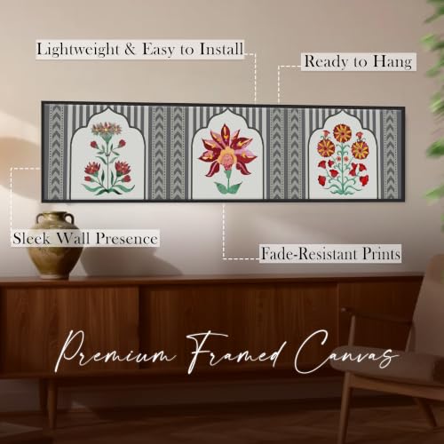 Image of Large Canvas Painting Panel Framed Wall Painting Traditional Indian Lotus Motif Framed Luxury Paintings for Home Decoration, Living room, Bedroom and Office Decor (Red, 13x47 Inch)
