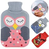 Wärmflasche mit Bezug, Wärmflasche 2 Liter mit Strickabdeckungen Abnehmbare und waschbare Wärmflasche,Wärmflasche Kinder Sicher und langlebig,Rollkragen Wärmekissen Wärmeflasche für Familie(Rosa Eule)