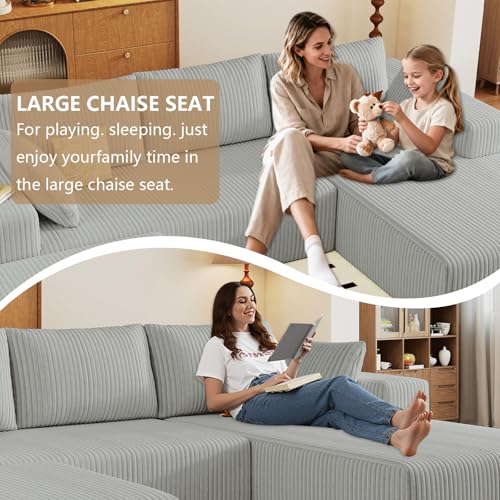 Image of 96 inch U-Shape Cloud Couch, Modern Modular Sectional L-Shape Sofa with Ottoman, Corduroy Upholstered Couches Deep Seat Chaise Longue for Living Room, No Assembly Required(Light Gray, Right Facing)