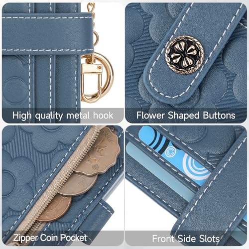 Image of RFID Wallet Women,Slim Small Wallets Embossed Flower Leather Bifold Compact Ladies Girls Wallet with Credit Card Holder Zipper Coin Pocket Peacock Blue