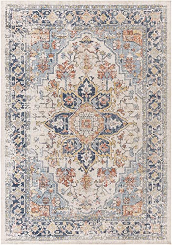 Hauteloom Dorval Outdoor Runner Rug - Outsite Porch Patio Area Rug Carpet - Oriental Medallion Waterproof Rug - Blue, Cream, Orange - 5'3" Square #TOP6