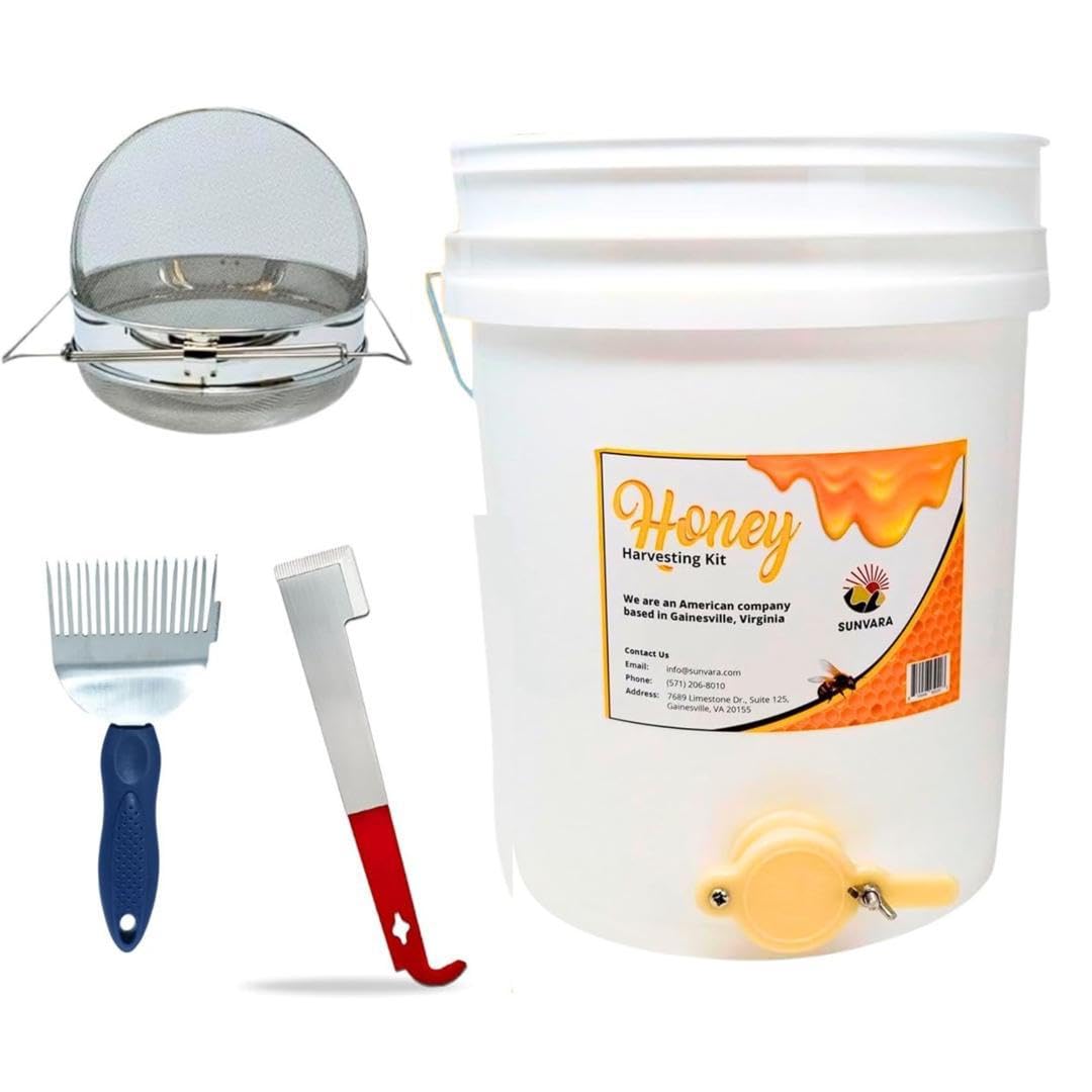 SunVara Honey Bucket with Gate 5 Gallon Kit - Stainless Steel Double Layer Strainer, Honey Scrapper Tool Beekeeping Equipment, Honey Extractor Equipment, Bee Supplies