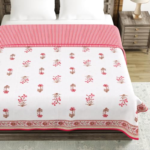 Image of BLOCKS OF INDIA 100% Cotton Dohar King Size Reversible Hand Block Printed Malmal Summer Dohar /Blanket (Pink Peach Flower)