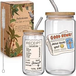 Jesus Loves You Christian 16 oz Glass Drinking Cup Gifts for Women of the Bible, Christian Faith Bible Verse Gift, Baptism Gifts,Jesus Coffee Jar Lids Straws Educational Religious Party Favors Gift