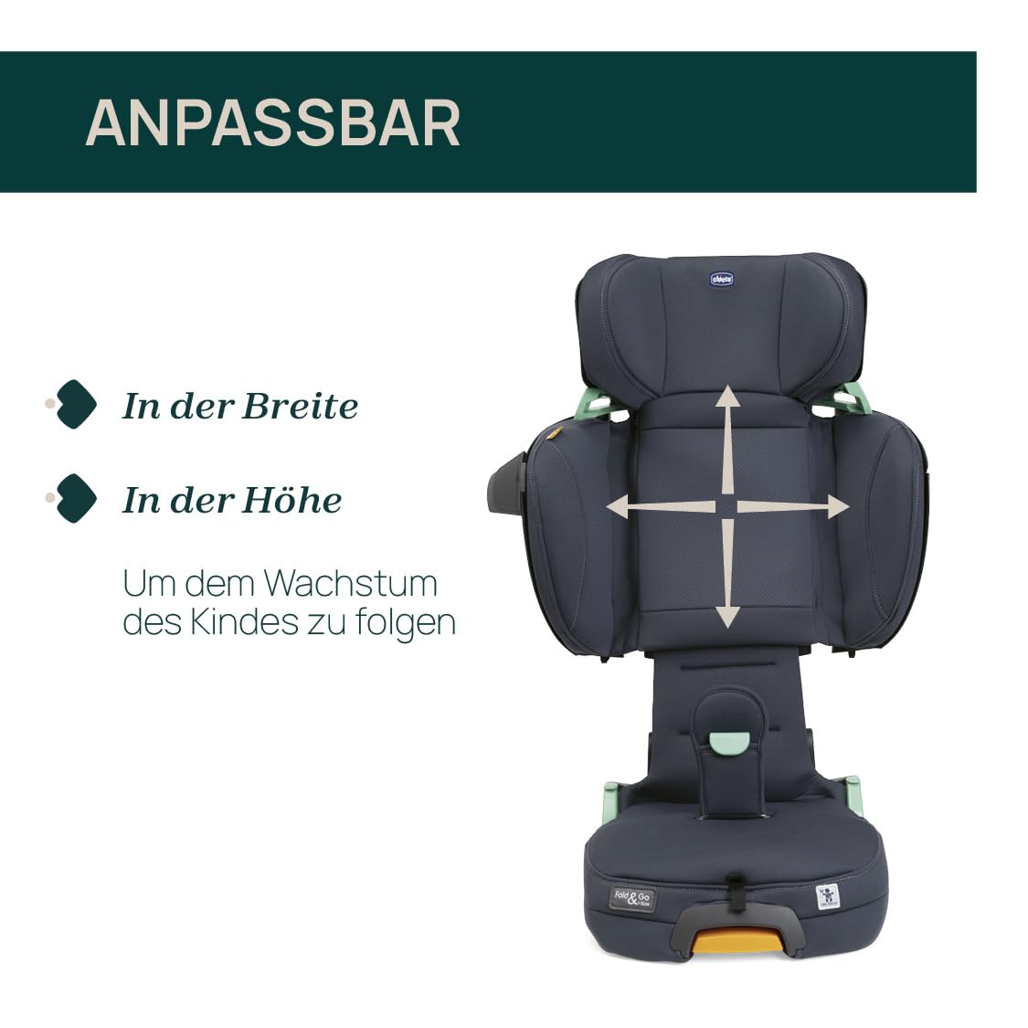 Chicco Fold&Go I-Size Kindersitz 15-36 kg mit ISOFIX Konnektoren, Gruppe 2/3 für Kinder von 3-12 Jahren, faltbar und klappbar, Seitenschutz, Höhe und Breite verstellbar, India Ink