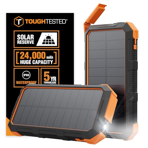 ToughTested 24000mAh Solar Power Bank Portable Charger, Fast Charging External Battery Pack with LED...