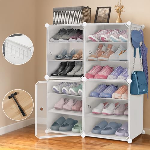 Image of ABOUT SPACE PP Plastic 24 Pair DIY Shoe Rack for Home with Door&Hanger-Portable Shoe Stand-4 Cube Expandable Shelves-Shoe Cabinet for Balcony,Men,Women,Heels,Boots,Loafers,Sneakers,Slippers(White)
