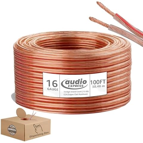 Audio Express 100ft 16-Gauge Speaker Wire, 30.48m, 2 Conductor, Polarity Marked, Clear PVC, CCA, Home Theater, HiFi, Surround, Auto, 74 High Strand Count (.15 OD), Flexible, Durable, Dispensing Box Cover