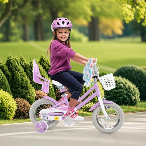 Image of BABY JOY Girls Bike with Streamers & Doll-Seat, Kids Bike for 3-8 Years Old | 12 14 16 18 20 Inch Children Bicycle w /Detachable Training Wheels or Kickstand, Storage Basket, Adjustable Seat and Handlebar