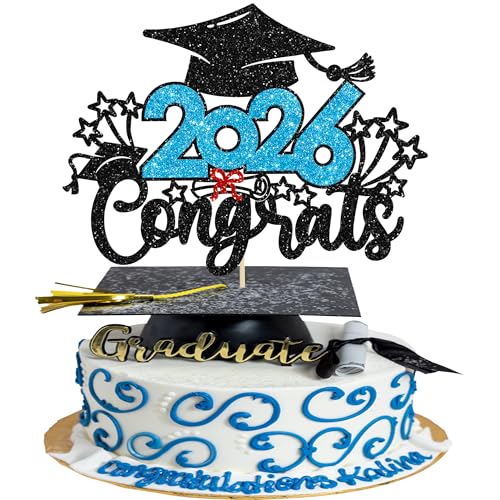 Gyufise 1Pc Congrats 2026 Cake Topper Glitter 2026 Graduation Decorations Class of 2026 Grad Cap Diploma Cake Pick for College 2026 Graduation Party Cake Decorations Light Blue