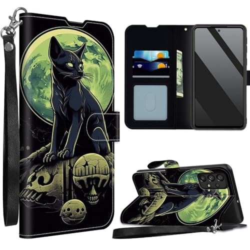 SROJDHFJB Skeleton Cat Moon for Samsung Galaxy A53 5G Wallet Case with Wrist Strap, Flip PU Leather Card Holder Phone Case Magnetic Closure Kickstand Shockproof Purse Cover for Galaxy A53 5G