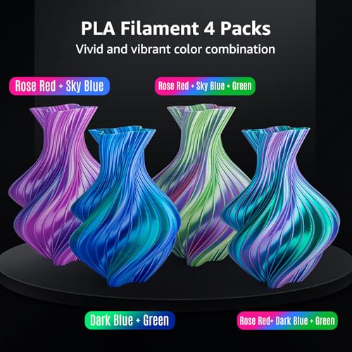Image of Silk PLA+ Pro 1.75mm 3D Printer Filament - 4 Spool Multi-Color Bundle (250gx4) with Rose Red /Sky Blue /Green /Dark Blue- Tri-Color & Dual-Color Shine Vibrant Filament, Total 1KG