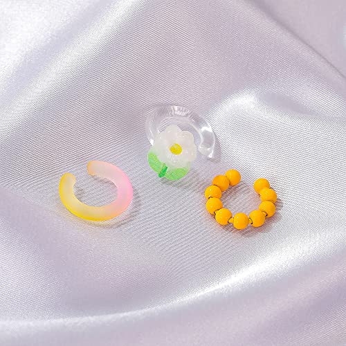Sweet Flower Ear Cuffs Wrap Earrings For Little Girls Women Acrylic Resin Colorful Bead Ball Cartilage Earring Fake Huggie Hoops Non Piercing Clip On Lovely Summer Ear Jewelry Gifts 3 Pcs Set #TOP3