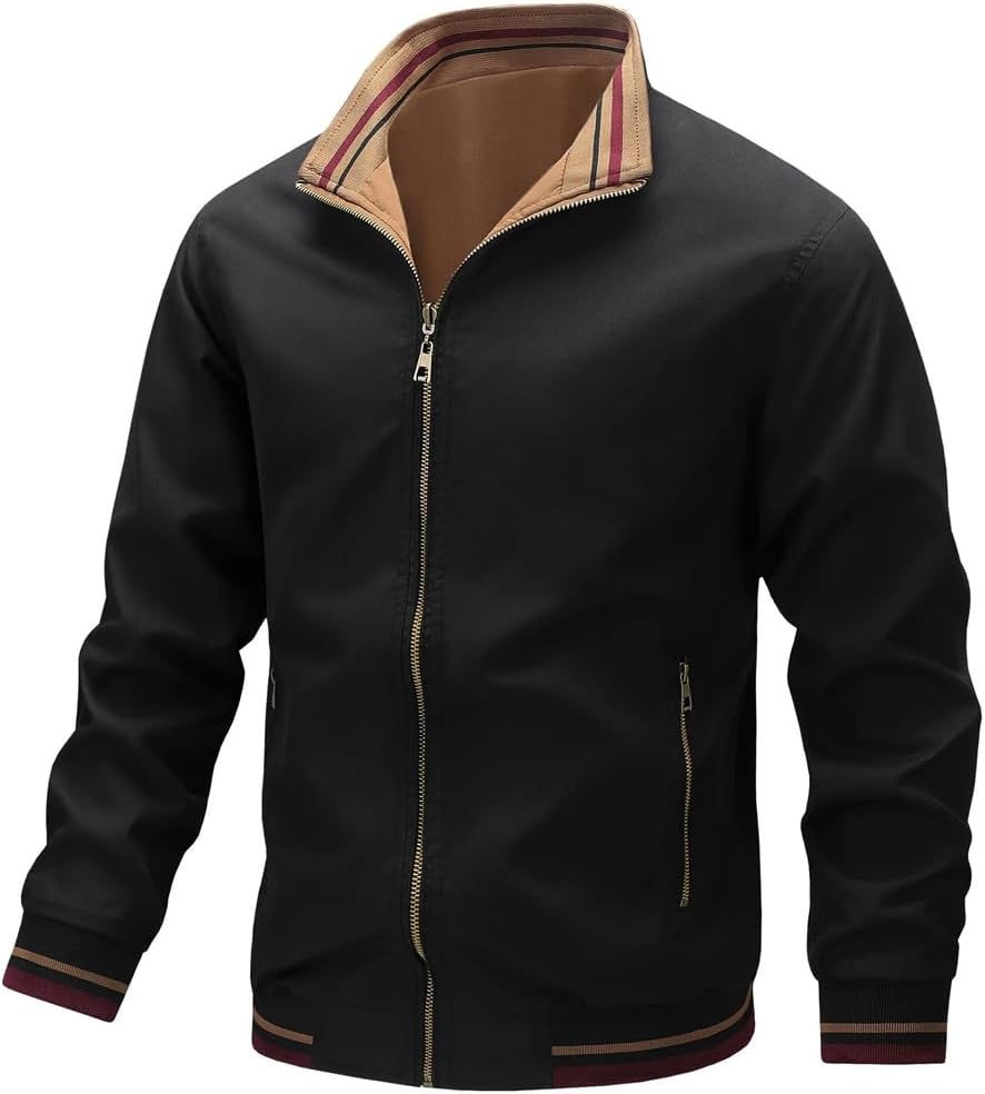 Men's Reversible Stand-Collar Bomber Jacket Long Sleeve Casual Zip-Up Outerwear Coat