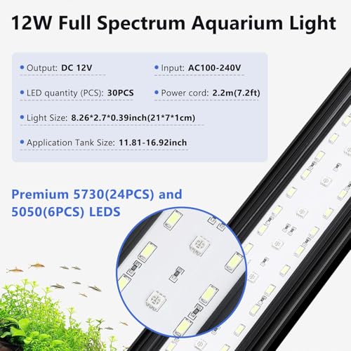 fishkeeper Clip On Aquarium LED Light, 24/7 Mode Full Spectrum Fish Tank Light with Timer, Adjustable 8 Color / 5 Brightness Simulate Sunrise-Day-Sunset-Moon for 11.81-16.92 inch Planted Tank 12W
