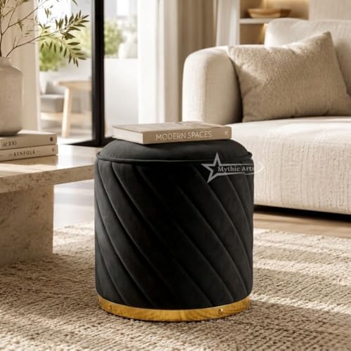 Image of Ottoman Stool, Puffy Stool, Sitting Stool, Modern Upholstered Round Ottoman, Dressing Table for Living-Black