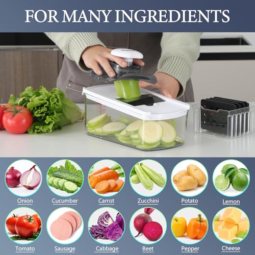 Ourokhome Vegetable Mandolin Slicer, Hand Safe Kitchen Food Shredder with 6 Mandoline Blades, Veggie Waffle Cutter for Potato, Carrot, Zucchini, Onion, Essential Kitchen Gadgets (6 in 1, White) - Thumbnail 6