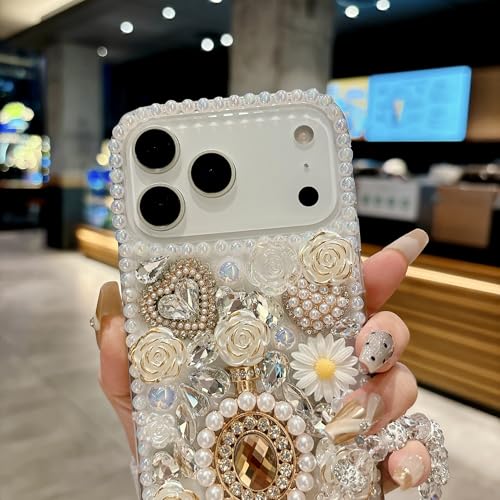 iFiLOVE for iPhone 17 Pro Max Bling Diamond Case with Flower Strap, 3D Luxury Sparkle Glitter Crystal Rhinestone Pearl Love Rose Wristband Bracelet Case Cover for Girls Women Kids (White) by iFiLOVE - Image 5