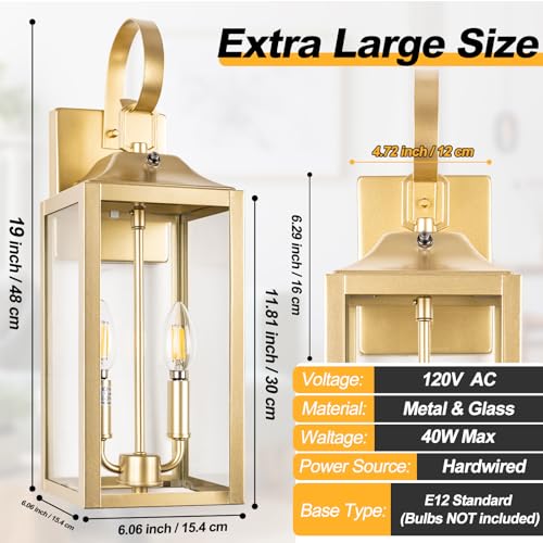 Yolsunes Gold Dusk to Dawn Outdoor Wall Lantern 2-Light, 19" Large Modern Wall Sconce Light Fixture, Industrial Porch Light, Waterproof Farmhouse Exterior Lamp Lighting by Yolsunes - Image 4