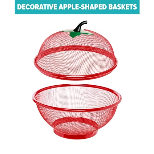 Image of HAADI Fruits Bowl Basket Apple Shape Mesh with lid Tabletop Vegetable Holder Keep Unwanted Pets & Insects Out Kitchen Dishwashing Drain Basket (Red)