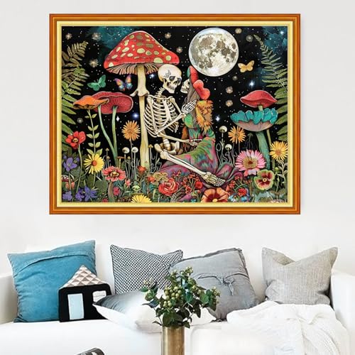Image of Magxvouy Cross Stitch Kits Stamped Full Range of Embroidery Kits,Cross Stitch Patterns Needlework Kits for Beginners 11CT Printed Kits&Skeleton Couple Mushroom 16x20 inch