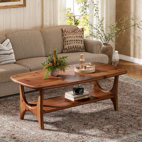 Image of TRIBEWOOD 47.24" Solid Wood Coffee Table, Mid Century Modern Center Table with Rounded Corners, Rectangle 2-Tier Coffee Table for Living Room, Walnut