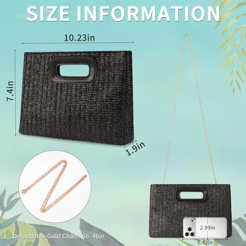 Image of Beach Clutch Bag Straw Summer Clutch Purses for Women Handmade Woven Purse Detachable Gold Chain, Crossbody