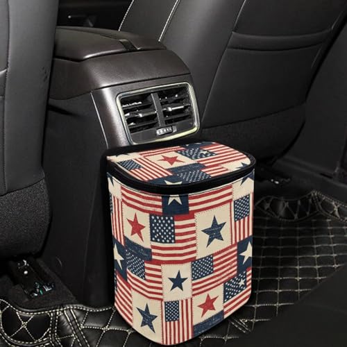 Image of Talayituse American Flag Star Print Car Trash Can Portable Auto Garbage Bin Multifunctional Vehicle Interior Accessories with Adjustable Straps 4th of July Decor Universal Fit Truck SUV Sedan