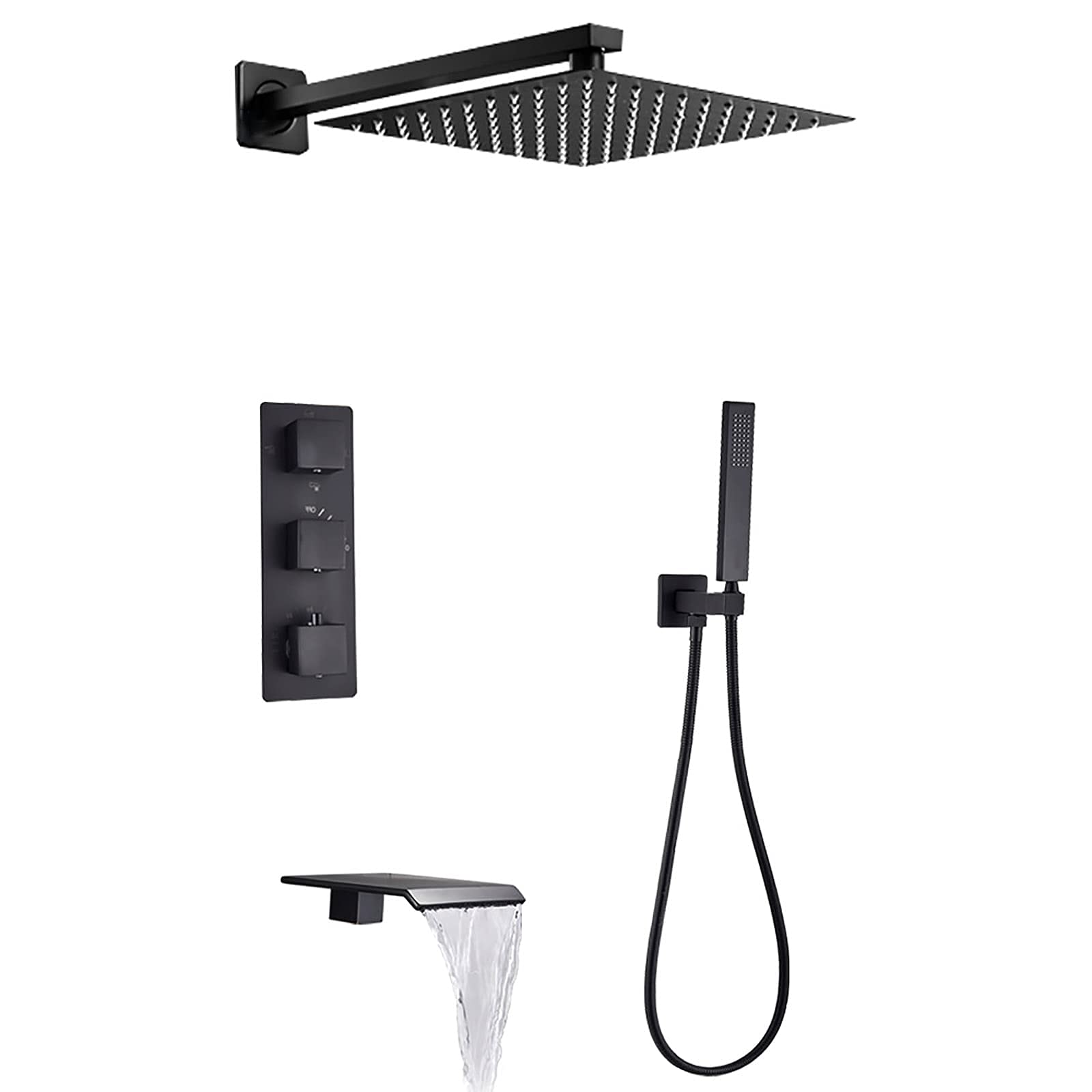 OZBMA shower set thermostatic system with waterfall tub spout black faucet wall mounted rainfall head handheld rain mixer combo set,8 inches (A 8 inches)