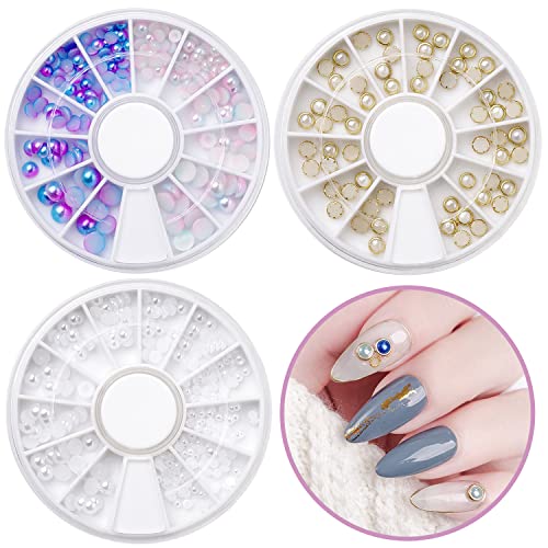 3 paquetes de perlas con reverso plano, perlas para uñas de varios tamaños, perlas semiredondas, rueda para uñas, rueda de colores mezclados, cuentas encuadernadas para decoración de uñas DIY Cover