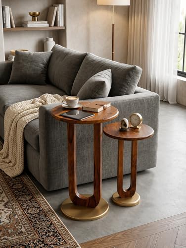 Image of REDWOOD Sheesham Wood End Table Set of 2 | Round Side Table for Living Room, Bedroom & Sofa Side | Space Saving Stackable Accent Coffee Table | Modern Wooden Furniture | Brown & Golden
