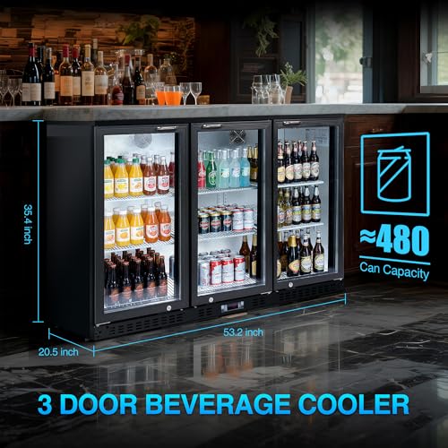Image of Favfurish 53 inch Beverage Refrigerator With Glass Door,480 Cans Beverage Cooler Fridge W / 6 Shelves,11.3 Cu.Ft Commercial Refrigerators,Led Lighting,for Beer Wine And Drink,3 Hinged Doors,Black