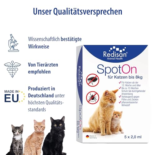 Redisan® Katzen Spot on Pflanzenbasiertes Zeckenmittel OHNE Chemie, Effektiver Schutz vor Zecken Flöhen & Insekten, Zeckenschutz Katze ohne Nebenwirkung, Bis zu 15 Wochen, Made IN Germany