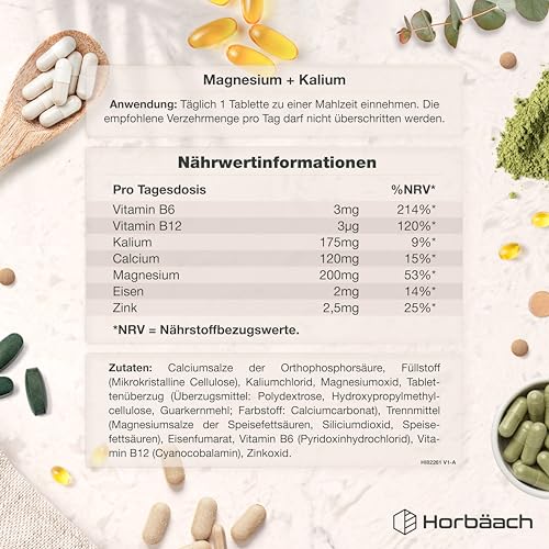Magnesium Kalium Komplex mit Calcium Zink | 6 Monate Vorrat - 180 Vegane Tabletten | Hochdosiert | Basenpulver Tabletten | von Horbaach