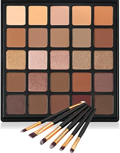 Nude Neutral Eyeshadow Palette, Matte and Shimmer Eye Shadows Long Lasting Blendable Eyeshadow with Makeup Brushes Set Warm Brown Waterproof High Pigment Powder Pallet 25B