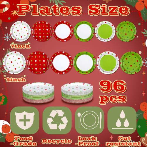 Image of Fourluoo 96 Pcs Christmas Paper Plates Lime Green and Red Disposable Dinner Plates for Xmas Party Table Supplies