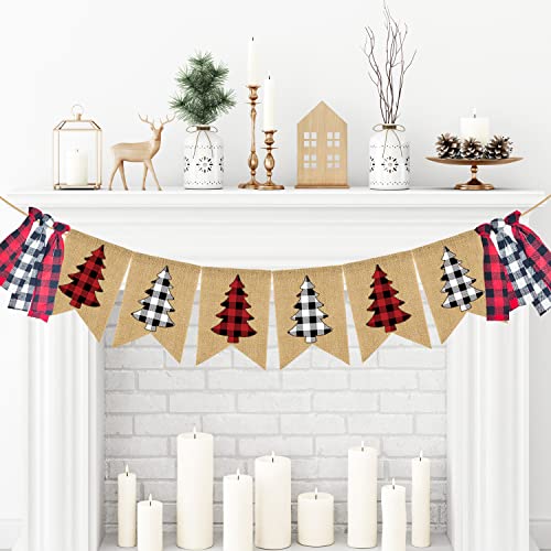 Doumeny Christmas Plaid Burlap Banner Buffalo Check Xmas Tree Bunting Vintage Merry Christmas Bunting Garland Winter Holiday Gingham Tassel Garland for Mantle Fireplace Wall Door Party Supplies Decor