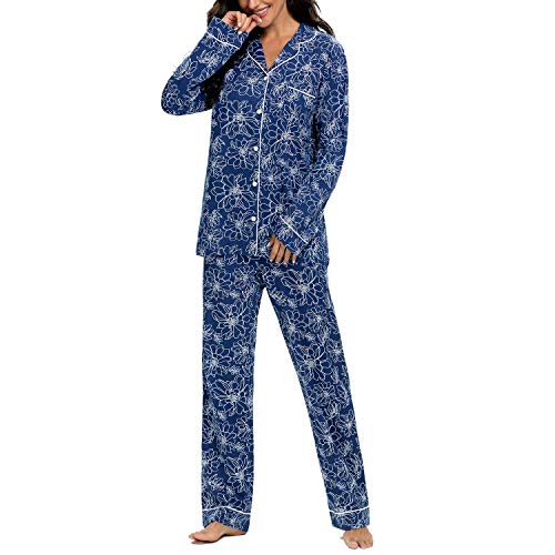 Image of Tugege Pajamas Set Long Sleeve Sleepwear Womens Button Down Nightwear Pj Sets Pink Rose(Pink Rose Print-Small)