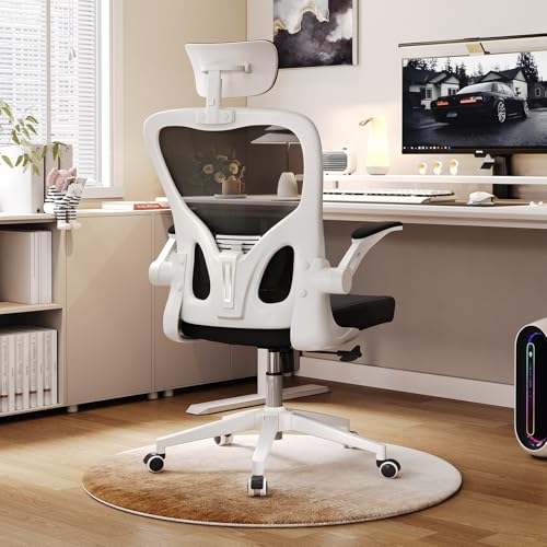 Ergonomic Office Chair, High-Back Mesh Computer Desk Chair with Adjustable Height, Lumbar Support, Flip-Up Armrests,headrest，and Swivel Rolling Design for Home and Office Use 04white-black