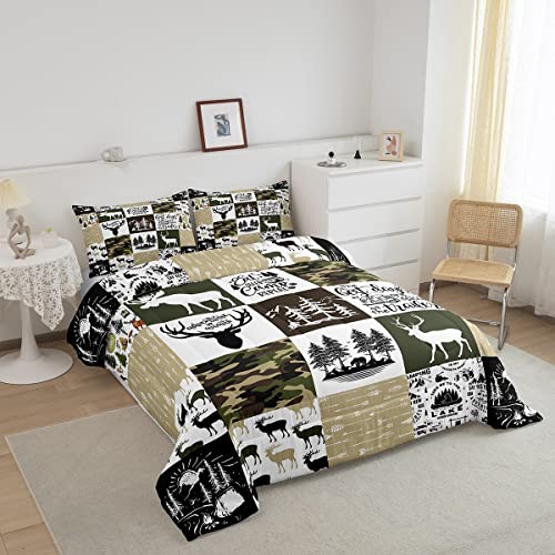 Spefrowx Happy Camping Camper Bedding Set Green Camouflage Comforter Set Deer Wildlife Quilt Comforter Rustic Farmhouse Style Bedroom Decor Moutains Trees Arrows Patchwork Quilt Duvet,Queen #TOP1