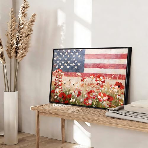 Image of American Flag Framed Canvas Wall Art, 4th of July Floral Canvas Prints, Wildflower Meadow Landscape Patriotic Decorations, Vintage Rustic Independence Day Wall Decor for Bedroom Living Room 24x32