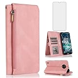 Asuwish Compatible with Nokia C200 Wallet Case Tempered Glass Screen Protector and Zipper Retro Leather Flip Cover Card Holder Stand Cell Accessories for N151DL C 200 200C 4G Women Rose Gold